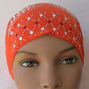 Orange Pre-Tied Stud Chemo Cap Slip On Bonnet Hijab Undercap #5